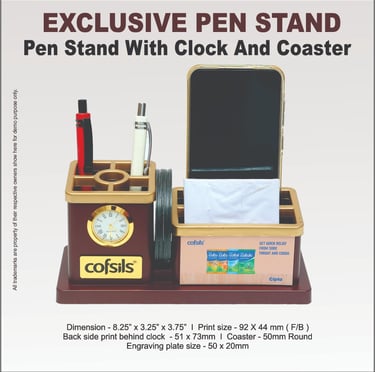 pen stand with an analog clock, mobile holder, and integrated coasters for office desk organization.