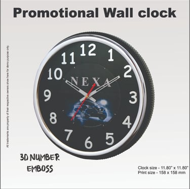 Custom promotional wall clock featuring a black face with 3D embossed numbers and Nexa automotive branding.