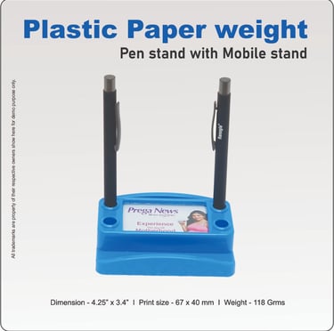 Blue plastic desk organizer featuring a pen stand, mobile holder, and integrated paperweight.