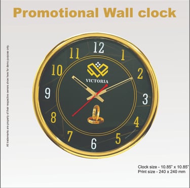 Custom promotional wall clock with gold , black face, and Victoria logo branding for corporate gifts.
