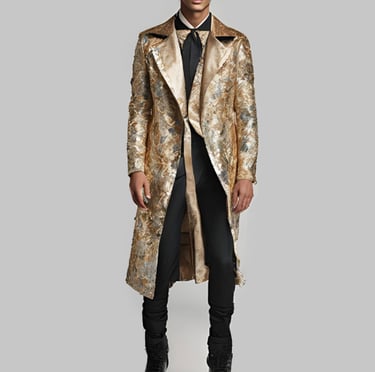 a man in a gold jacquard fabric coat and black pants