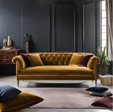 a yellow velvet couch with velvet pillows and pillows in a room