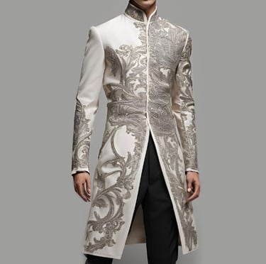 a man in a white and silver jacquard fabric suit with a white jacket