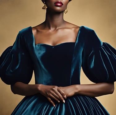 a woman in a blue velvet dress with a large headpiece
