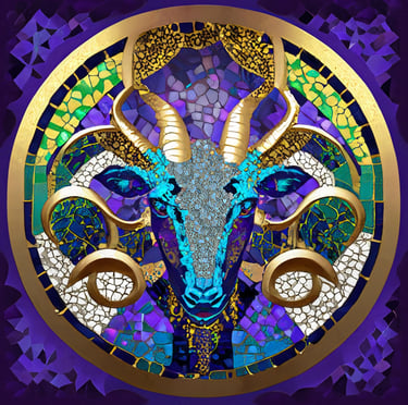 Astrology Aries Mosaic, shades of purple green gold and blue. 