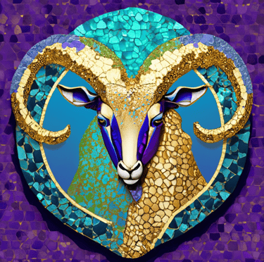 Astrology Capricorn Mosaic, shades of purple green gold and blue. 