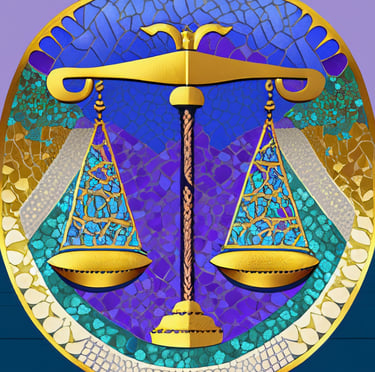Astrology Libra Mosaic, shades of purple green gold and blue. 