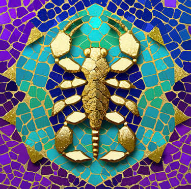 Astrology Scorpio Mosaic, shades of purple green gold and blue. 