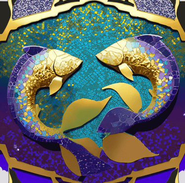 Astrology Pisces Mosaic, shades of purple green gold and blue. 