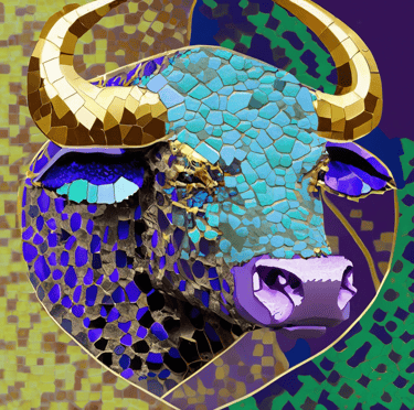 Astrology Taurus Mosaic, shades of purple green gold and blue. 