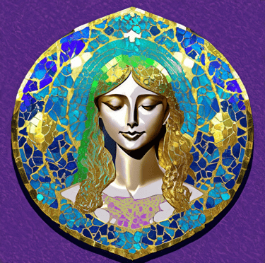 Astrology Virgo Mosaic, shades of purple green gold and blue. 
