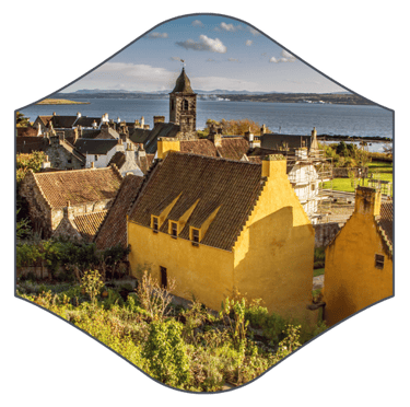 Rear of Culross Palace with gardens overlooking the firth of forth river