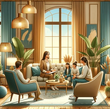 a family sitting in a living room with a couch and two children