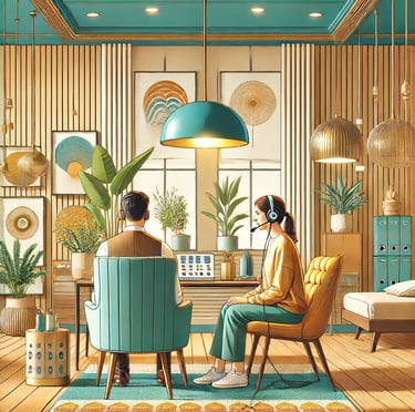 a man and woman sitting at a desk in a room