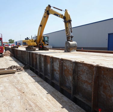 Close-up of heavy machinery installing steel sheet piles at a construction site.