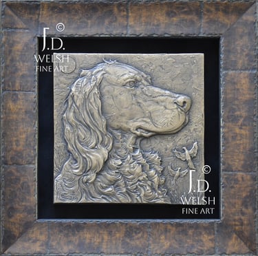 Llwellin and Rising Pheasants - Llewellin Setter Bronze Relief Sculpture - Jeremiah D Welsh 