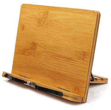Bamboo book stand with black page holder on white