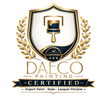 Daeco Painting certified expert logo featuring a gold shield, paint brush icon, and laurel wreath on black background.