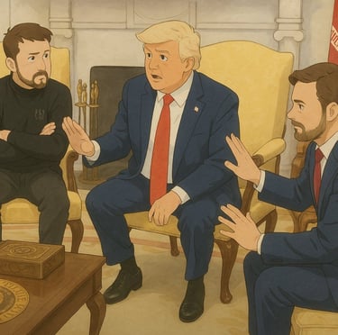 Trump in discussion with others in Ghibli style