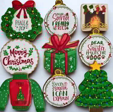 Decorated cookies featuring edible printed images and unique seasonal designs for spring, summer, fall, and winter.