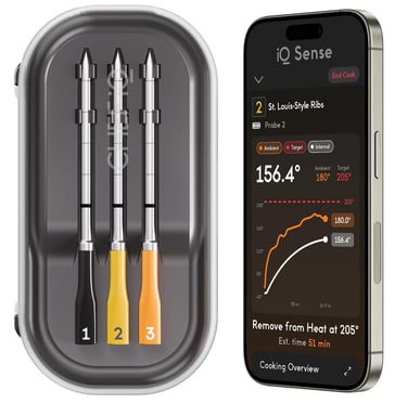 Wireless smart meat thermometer probes in a charging case next to a mobile app tracking BBQ temperatures.