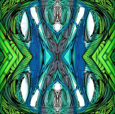 abstract painting of a green bamboo frame with cool blue center and tribal markings