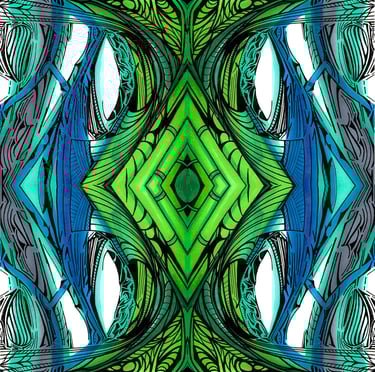 a green and blue abstract pattern with a large, ornate pattern