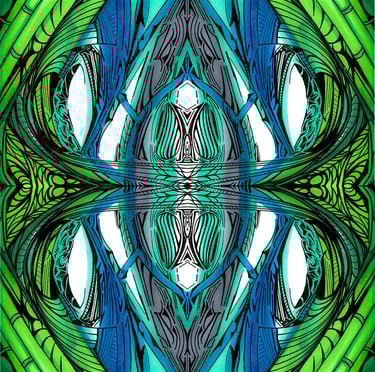 a green and blue abstract painting of a large, ornately designed design