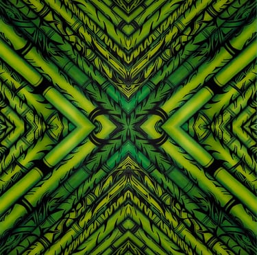 a green and black abstract pattern of bamboo stalks and bamboo stalks