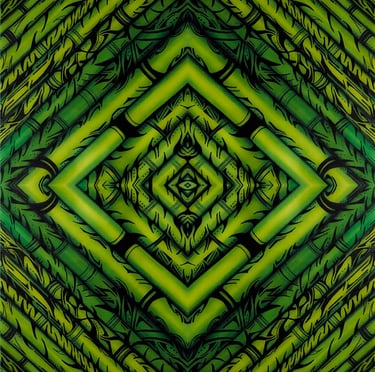 a green and black abstract painting of a green and yellow pattern