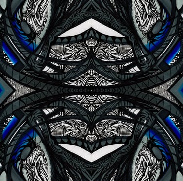 a stained glass window with a blue and white background