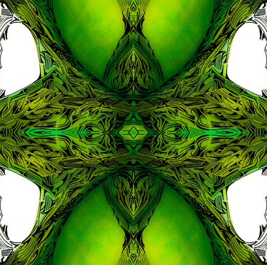 a green and yellow abstract pattern of a leafy tree