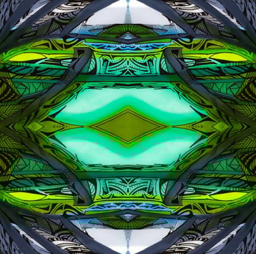 a green and yellow abstract photograph of a large, ornately decorated, ornately