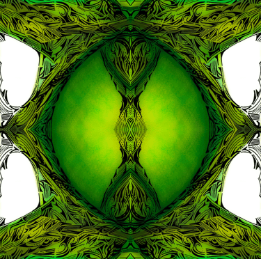 a green and yellow abstract pattern of a leafy pattern