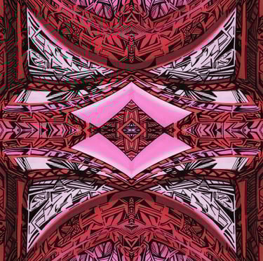 a red and white abstract pattern with a pink background