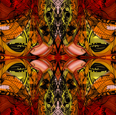 a colorful abstract pattern of a fish with a red and yellow background