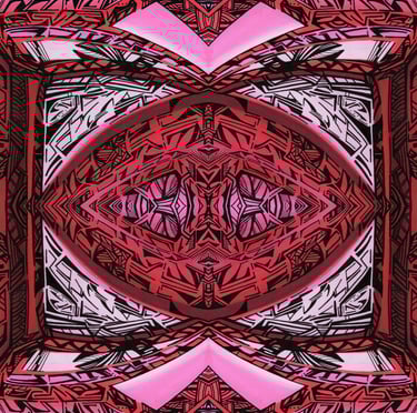 a red and white abstract pattern with a square frame