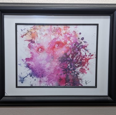 a painting of a woman's face with a pink flower