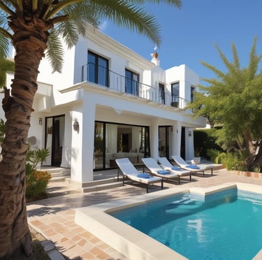 A welcoming handshake between a client and advisor overlooking a luxury villa on the Costa del Sol coastline.