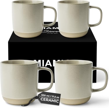Set of four 17.5 oz matte beige ceramic coffee mugs with a minimalist two-tone design and gift box.