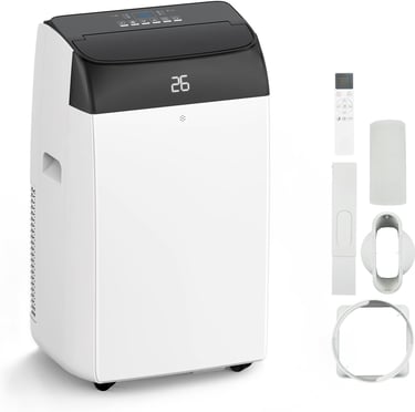 a white air conditioner with a remote control
