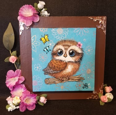 Painting of cute furry owl with flower background and butter flies.