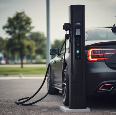 Electric car charging station installed outdoors near a modern home.