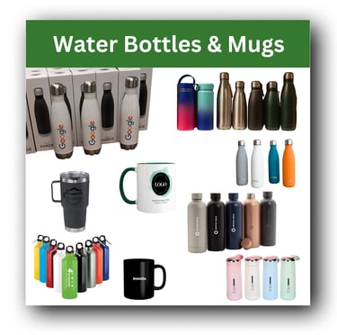 Water bottles and coffee mugs