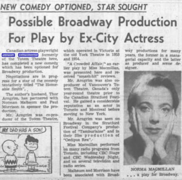 Possible Broadway Production for Play by Ex-city Actress - Norma Macmillan 1958 article