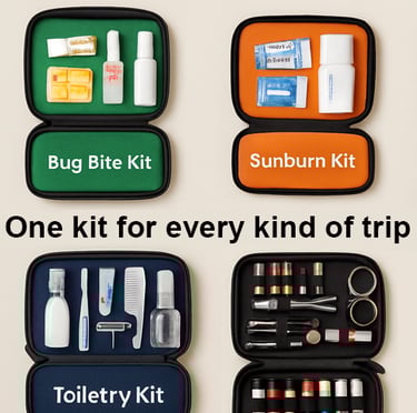 Caption reads, "One kit for every kind of trip". A photo of a bug bite kit and sunburn kit