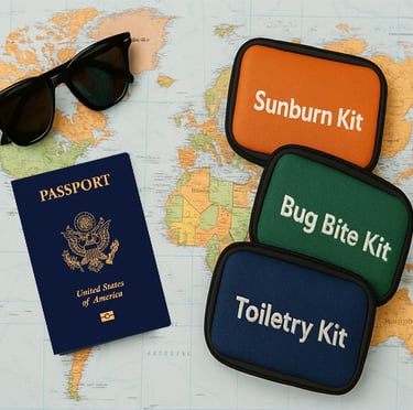 Picture of World Map, passport, sunglasses, sunburn kit, bug bite kit and toiletry kit