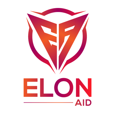 Elon Aid logo featuring a geometric shield icon with letters EA in orange and purple gradient.