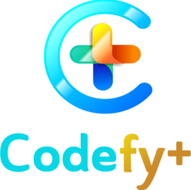 Logo de Codefy+ con fondo azul futurista y texto destacado que resalta la transformación de ideas en