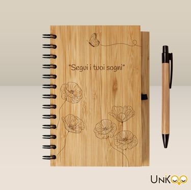 quaderno in bamboo personalizzato con incisione laser "segui i tuoi sogni"